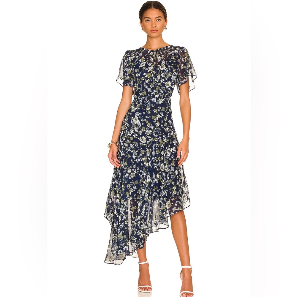 ASTR the Label Flutter Sleeve Midi Dress Blue Green Floral Size L